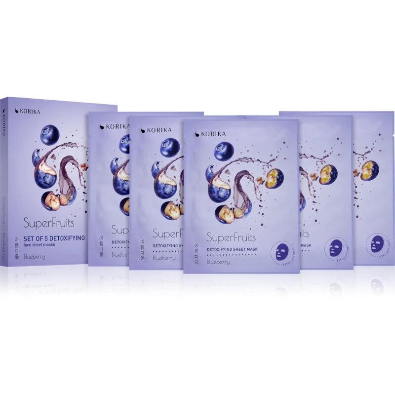 KORIKA SuperFruits Blueberry - Set of 5 Detoxifying Face Sheet Masks set mask za obraz po znižani ceni z razstrupljevalnim učinkom Blueberry