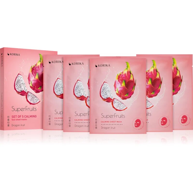 KORIKA SuperFruits Dragon Fruit - Set of 5 Calming Face Sheet Masks set mask za obraz po znižani ceni s pomirjajočim učinkom Dragon fruit