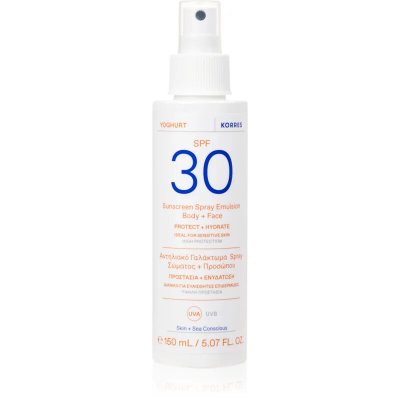 Korres Yoghurt Sunscreen emulzija za sončenje v pršilu za obraz in telo 150 ml