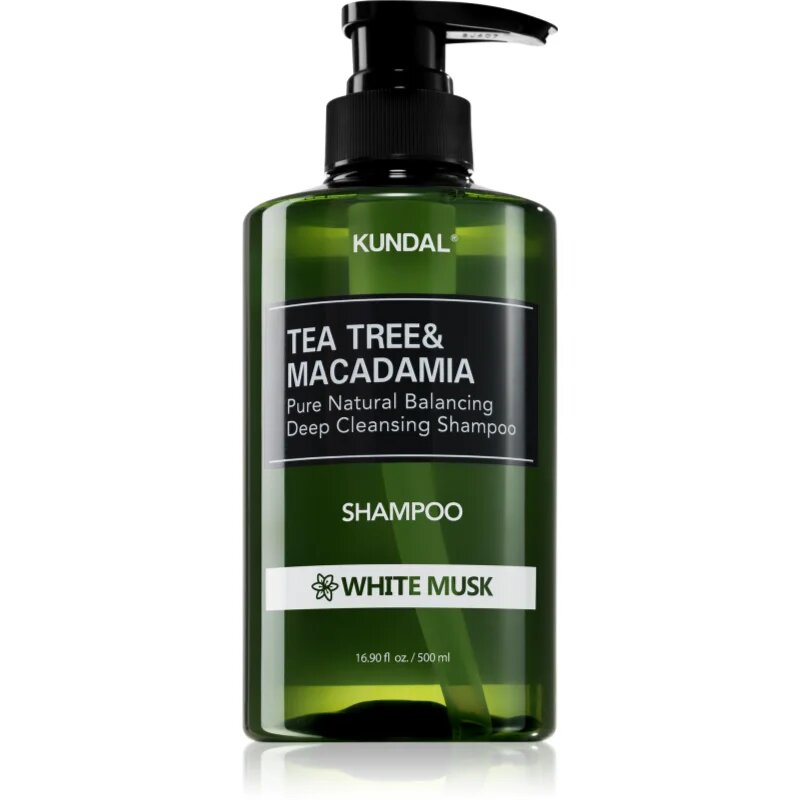 KUNDAL Tea Tree & Macadamia White Musk globinsko čistilni šampon z osvežujočim učinkom 500 ml