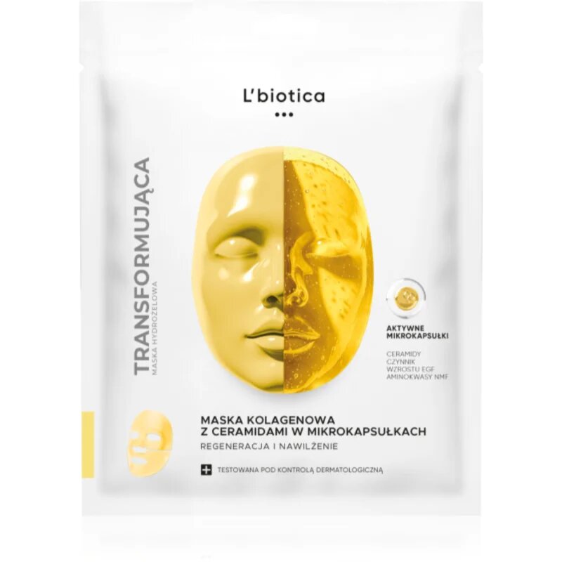 L’biotica Transforming Collagen Mask with Ceramides in Microcapsules kolagenska maska za obnovitev in hranjenje kože obraza 1 kos