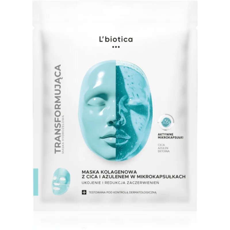 L’biotica Transforming Collagen Mask with CICA and Azulene in Microcapsules kolagenska maska proti rdečici na obrazu 1 kos
