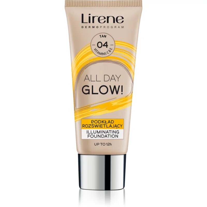 Lirene ALL DAY GLOW! posvetlitveni fluidni tekoči puder za dolgoobstojen učinek odtenek 04 Tanned 30 ml