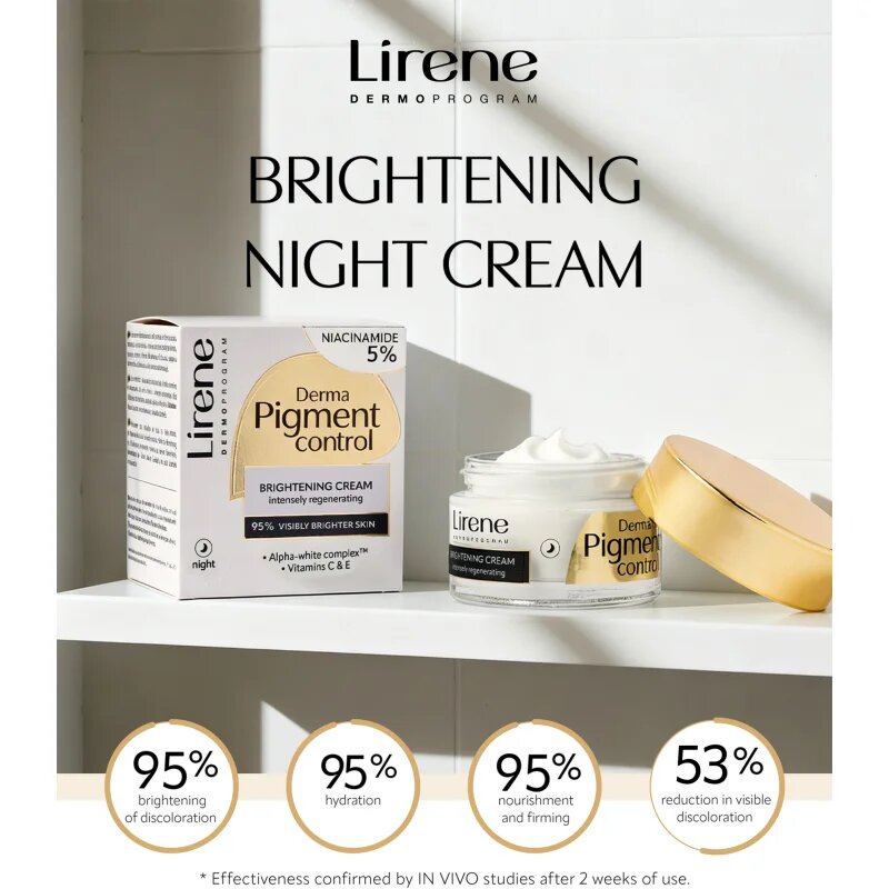 Lirene Derma Pigment Control Brightening Night Cream posvetlitvena nočna krema za kožo s hiperpigmentacijo 50 ml