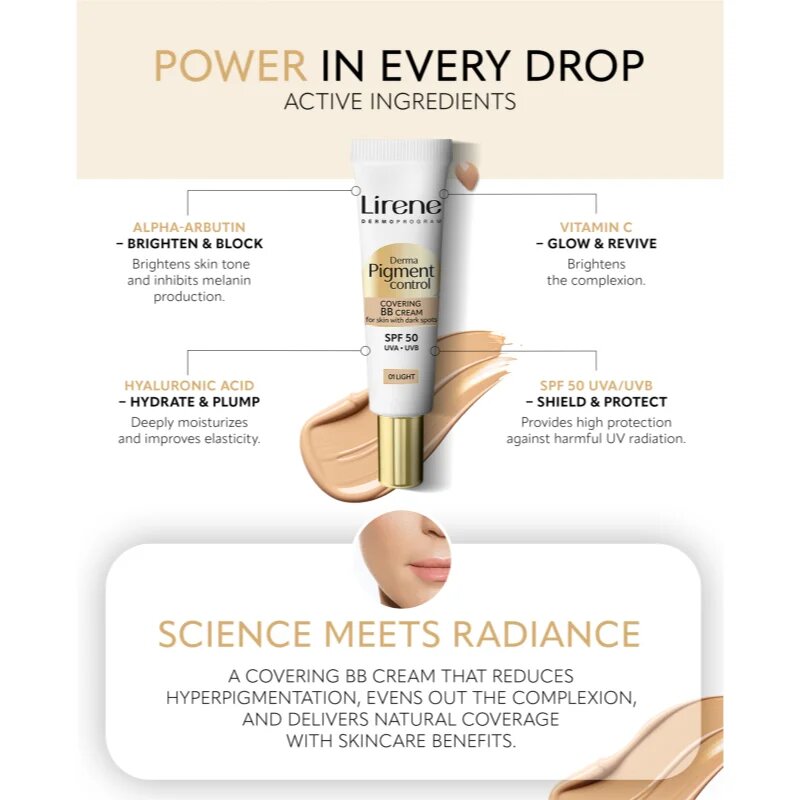 Lirene Derma Pigment Control Covering BB Cream SPF 50 posvetlitvena BB krema proti pigmentnim madežem odtenek 01 Light 30 ml