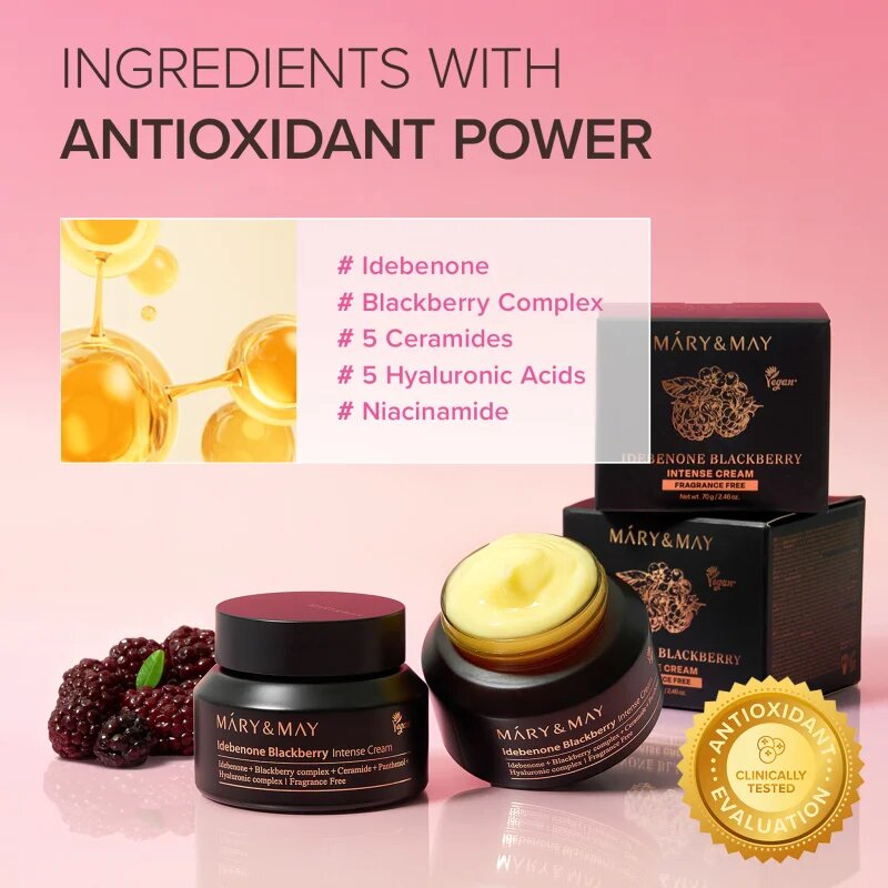 Mary&May Idebenone + Blackberry Complex Intensive Total Care Cream posvetlitvena vlažilna krema proti gubam 70 g