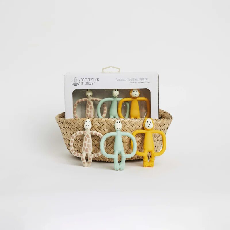 Matchstick Monkey Animal Teether Gift Set darilni set za otroke Giraffe Gigi Lion Luda Monkey Mint