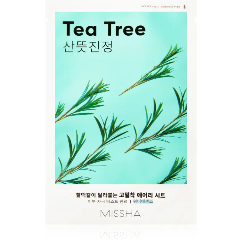 Missha Airy Fit Tea Tree maska iz platna s čistilnim in osvežilnim učinkom za občutljivo kožo 19 g