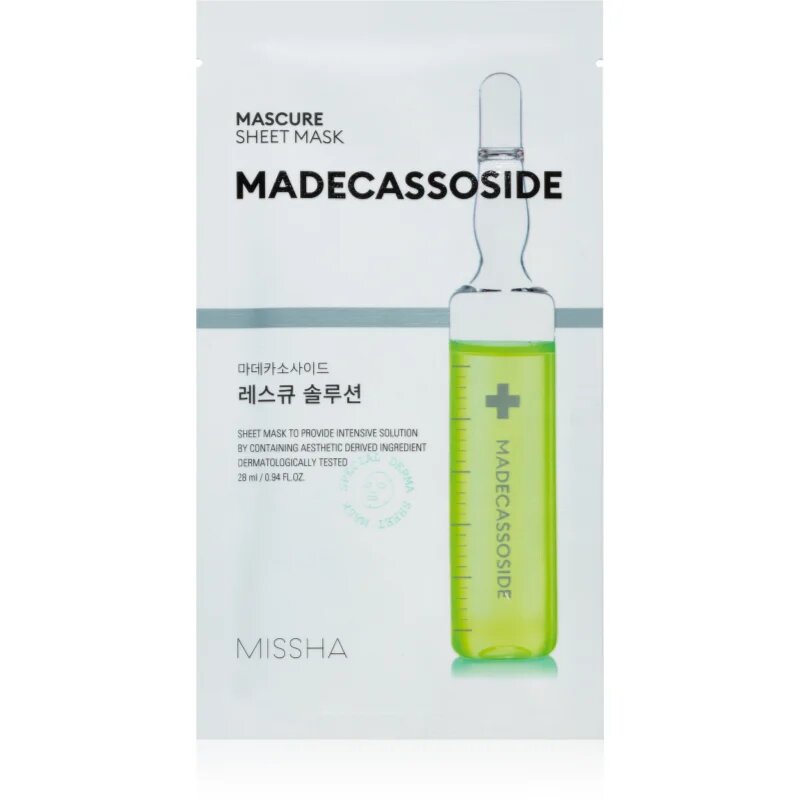 Missha Mascure Madecassoside negovalna maska iz platna za občutljivo in razdraženo kožo 28 ml