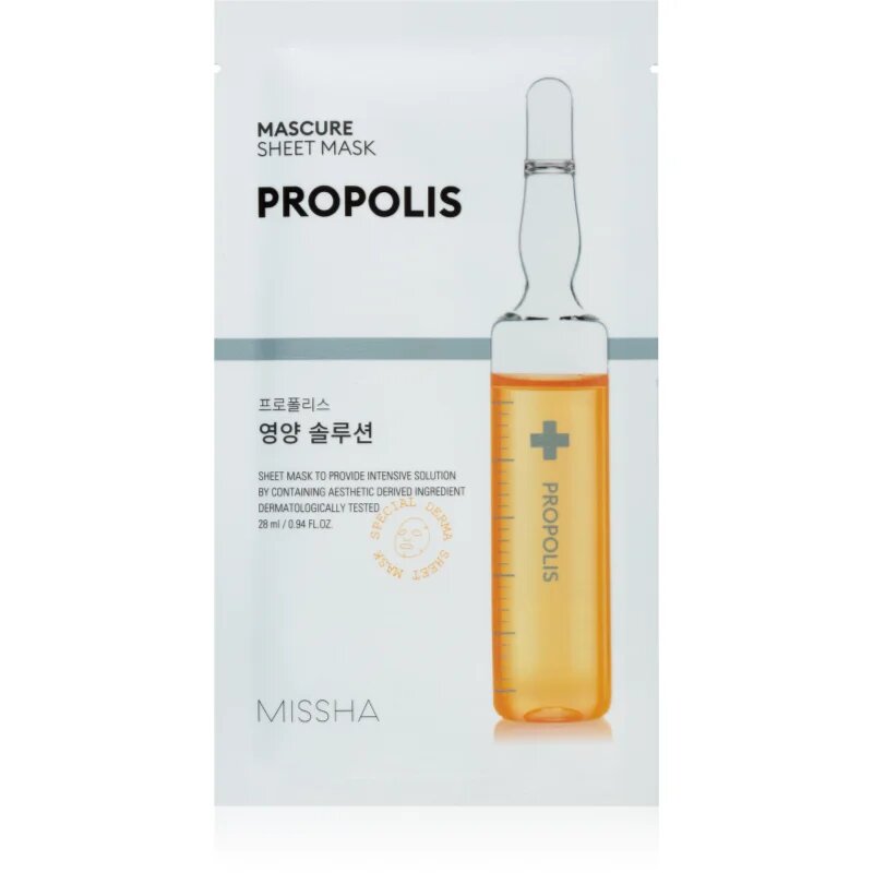Missha Mascure Propolis hranilna tekstilna maska za občutljivo in razdraženo kožo 28 ml