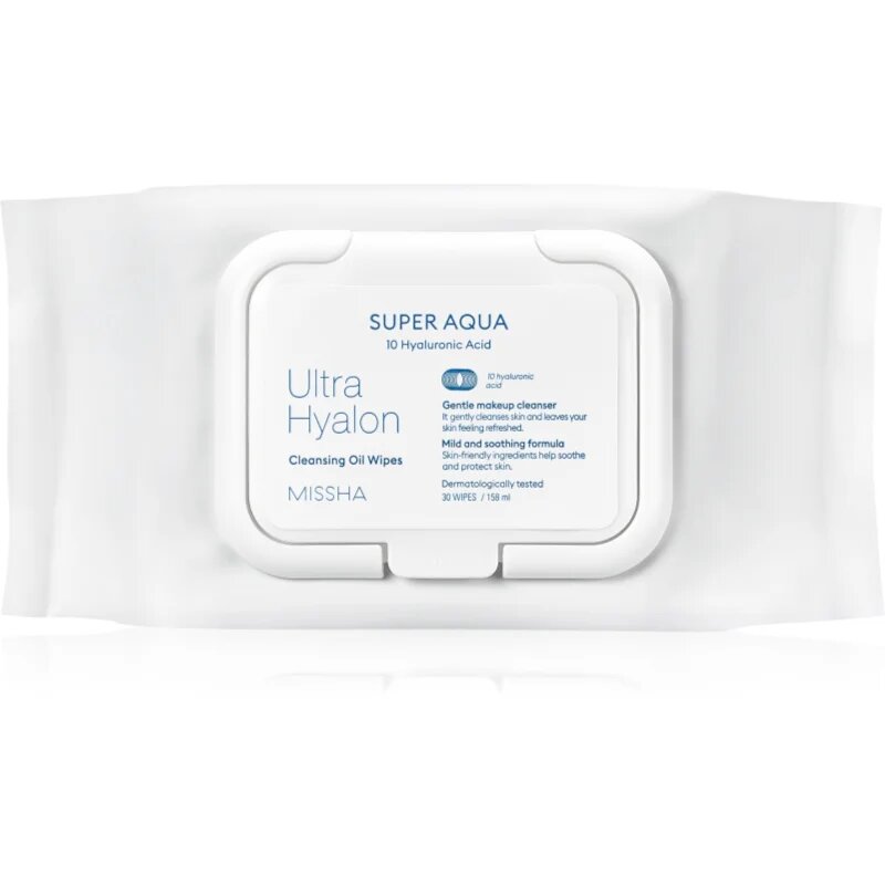 Missha Super Aqua 10 Hyaluronic Acid čistilni robčki za odstranjevanje ličil 30 kos