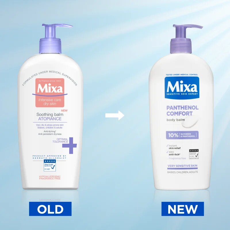 MIXA Panthenol Comfort pomirjujoči losjon za telo za zelo suho občutljivo kožo in za kožo ki je nagnjena k atopiji 400 ml
