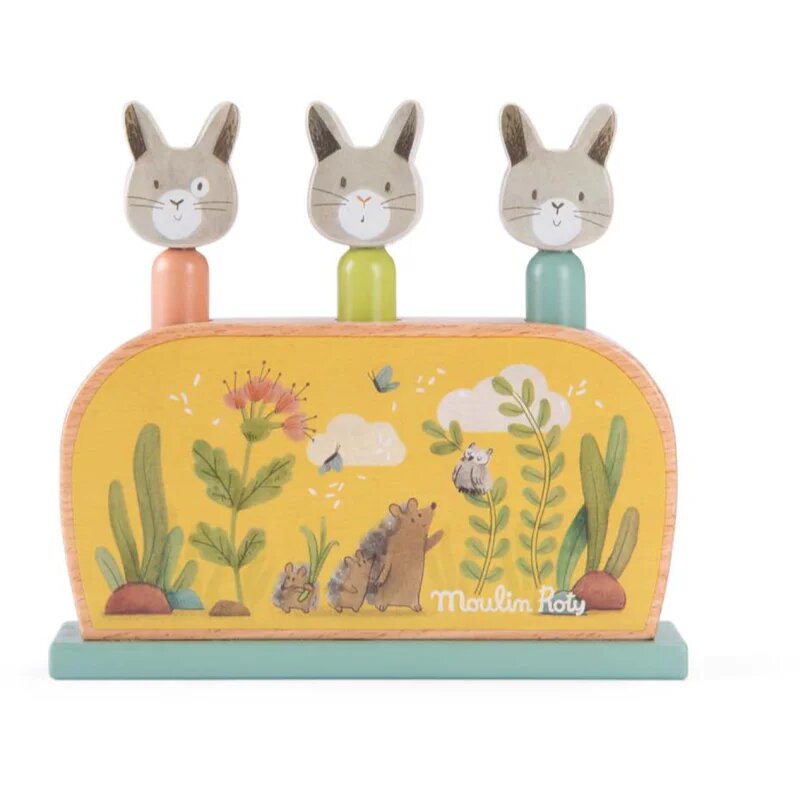 MOULIN ROTY Wooden Pop Up Toy Trois Petits Lapins skakajoča igrača 12m+ 1 kos