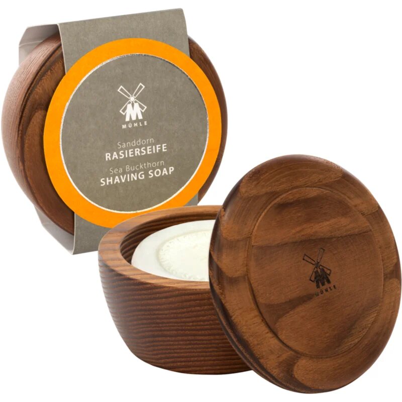 Mühle Shaving Soap Wooden Bowl milo za britje za moške Sea Buckthorn 65 g