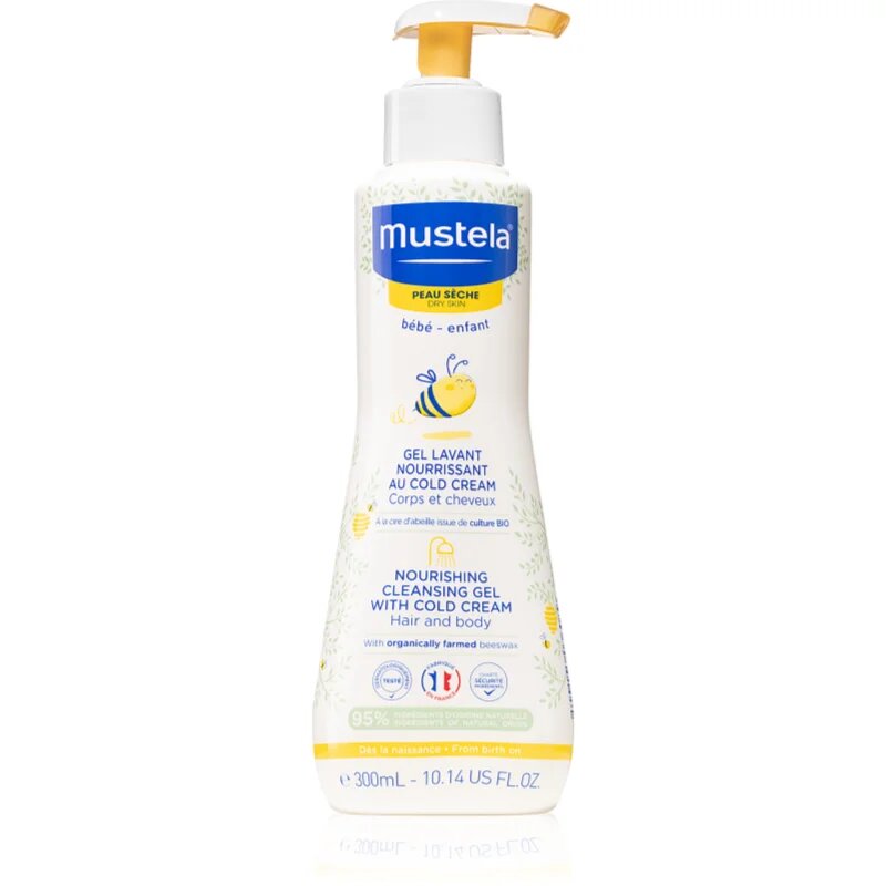 Mustela Bébé Dry Skin hranilni čistilni gel z vsebnostjo zaščitne kreme za obnovo kožne bariere za otroke od rojstva 300 ml