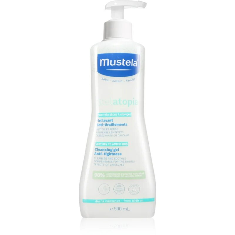 Mustela Bébé Stelatopia čistilni gel za umivanje za otroke in dojenčke za suho do atopijsko kožo 500 ml