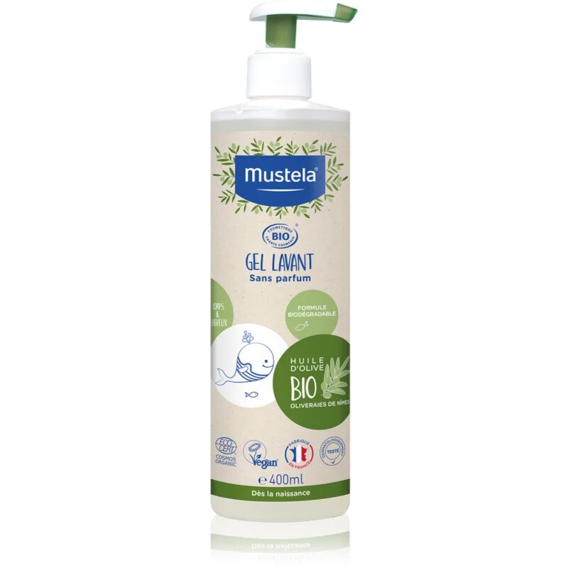 Mustela BIO gel za umivanje za telo in lase za otroke od rojstva 400 ml