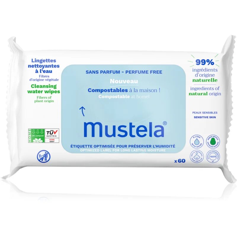 Mustela Compostable at Home Cleansing Wipes Perfume Free čistilni robčki brez dodanih dišav za otroke od rojstva 60 kos