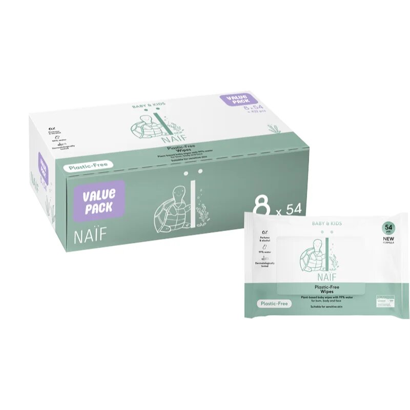 Naif Baby & Kids Plastic Free Wipes vlažni robčki za otroke od rojstva 8x54 kos