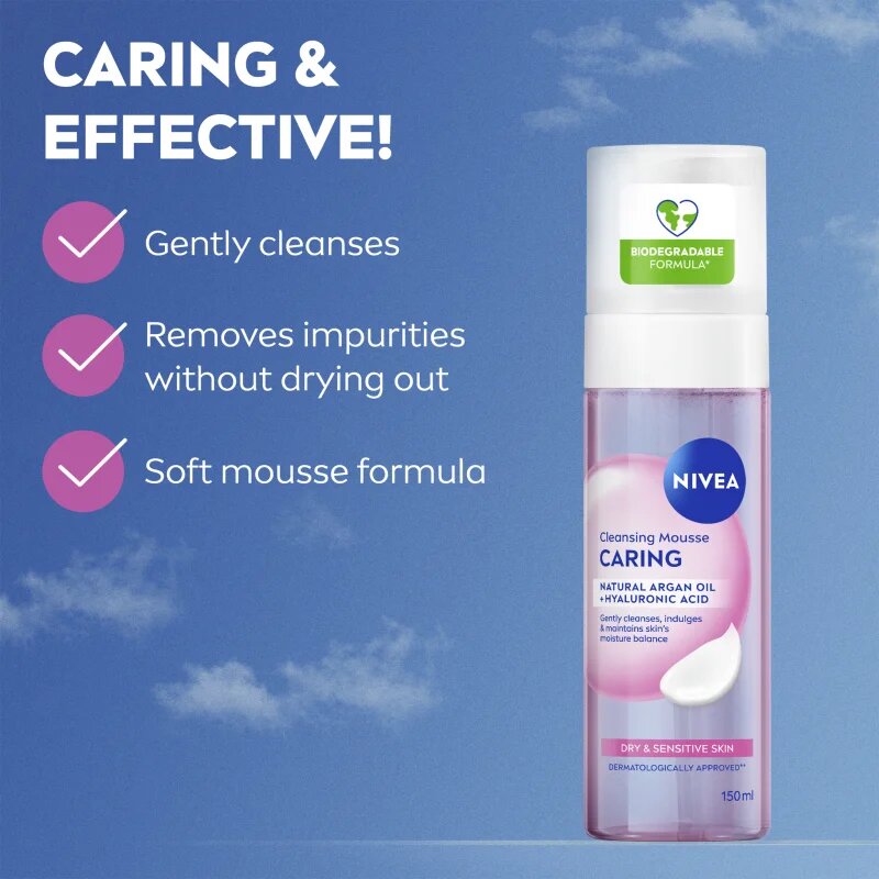 Nivea Caring čistilna pena za obraz za suho in občutljivo kožo 150 ml