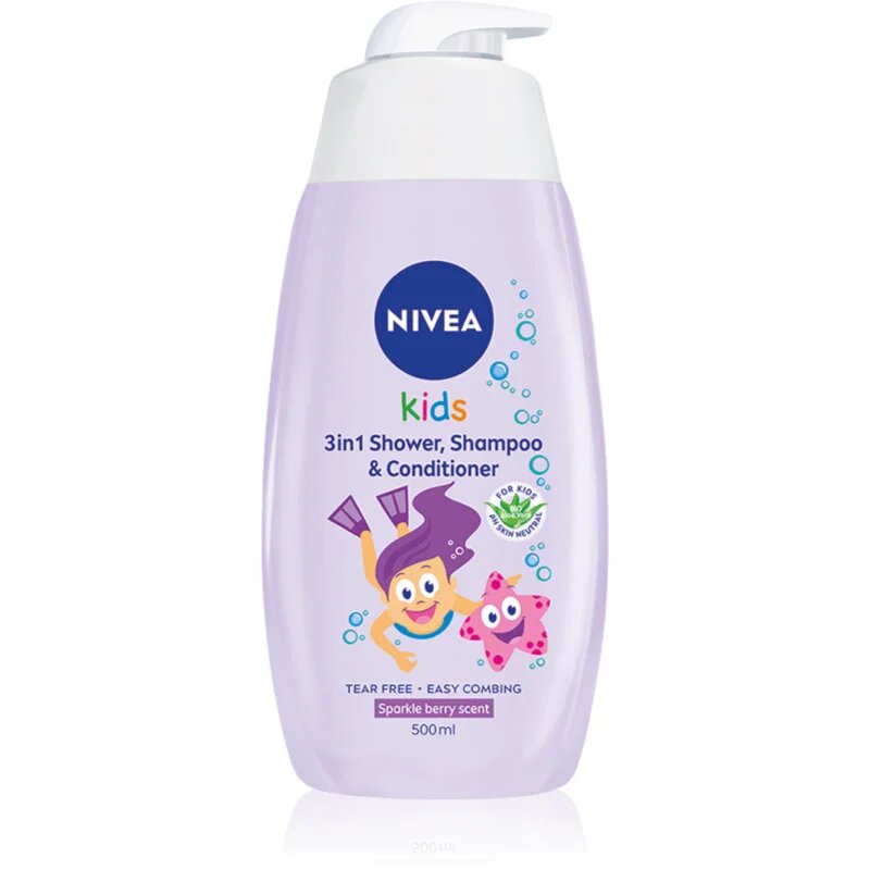 Nivea Kids Sparkle Berry nežni gel za prhanje in šampon za otroke 3v1 500 ml