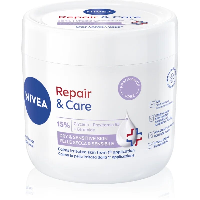 Nivea Repair & Care Sensitive hranilna regeneracijska krema za suho in občutljivo kožo 400 ml
