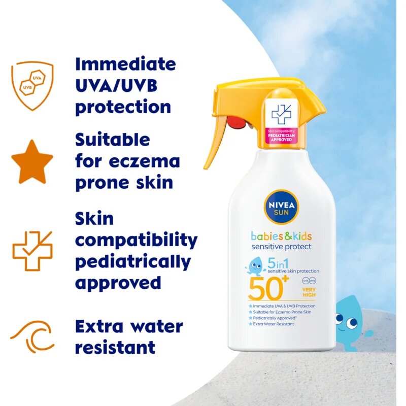 Nivea SUN Babies & Kids otroško pršilo za sončenje za občutljivo kožo SPF 50+ 250 ml