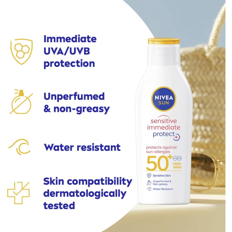 Nivea SUN Sensitive Immediate losjon za sončenje za občutljivo kožo SPF 50+ 200 ml