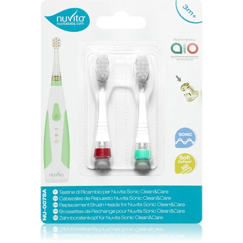 Nuvita Sonic Clean&Care Replacement Brush Heads nadomestne glave za sonično baterijsko zobno ščetko za dojenčke Sonic Clean&Care Medium Red/Green 2 ko