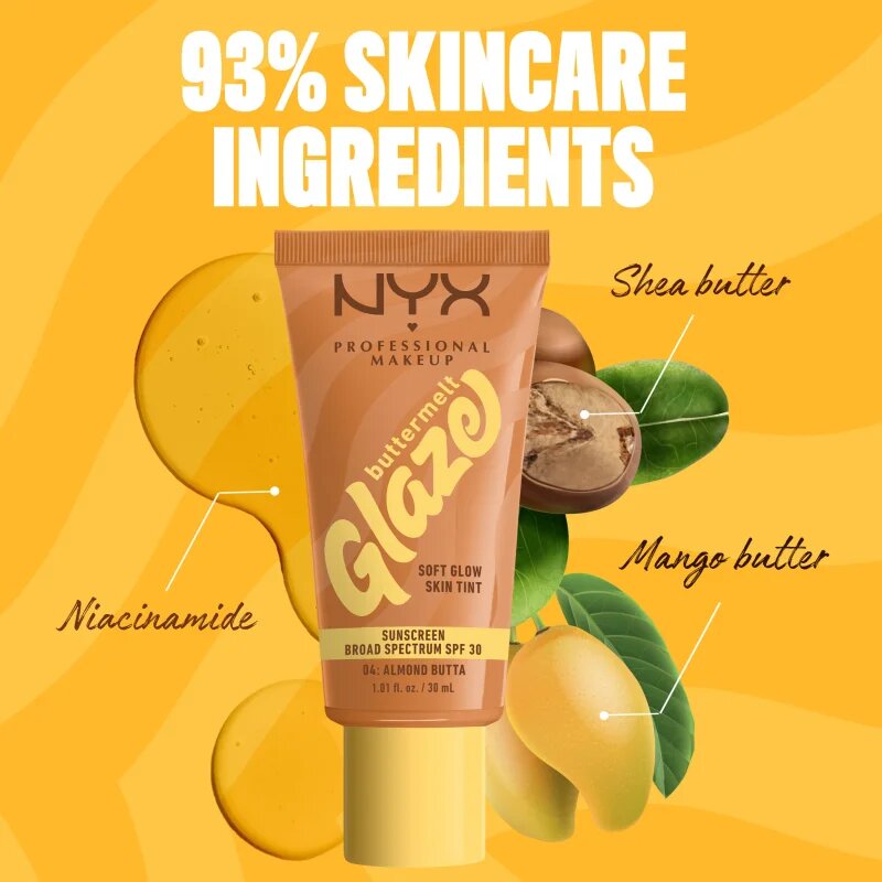 NYX Professional Makeup Buttermelt Glaze posvetlitveni tonirani fluid SPF 30 odtenek 04 Almond Butta 30 ml