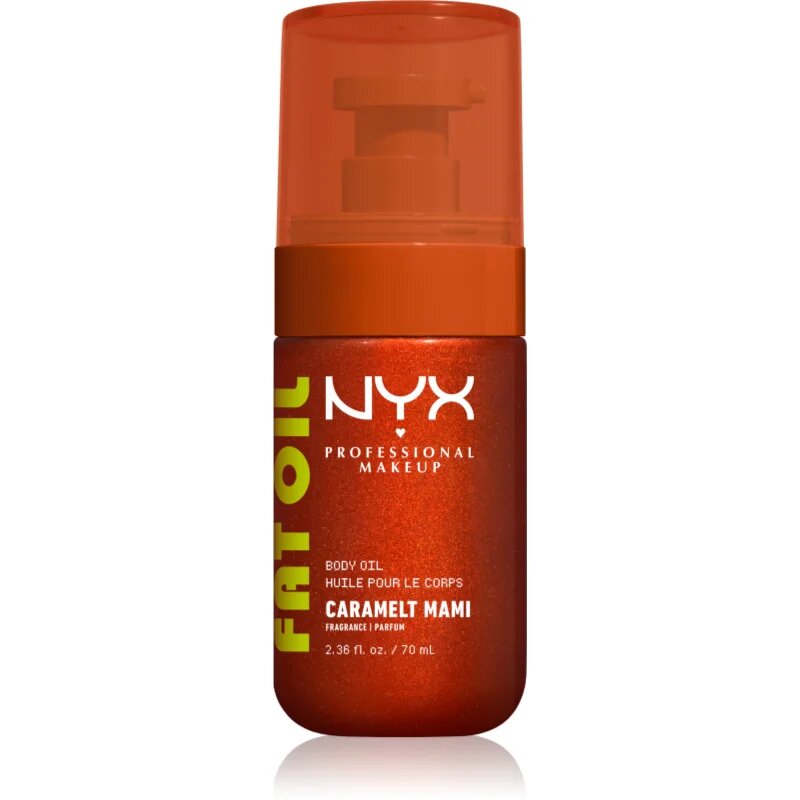 NYX Professional Makeup Fat Oil Body hranilno olje za telo ki dodaja hidracijo in sijaj z vonjem Caramelt Mami 70 ml