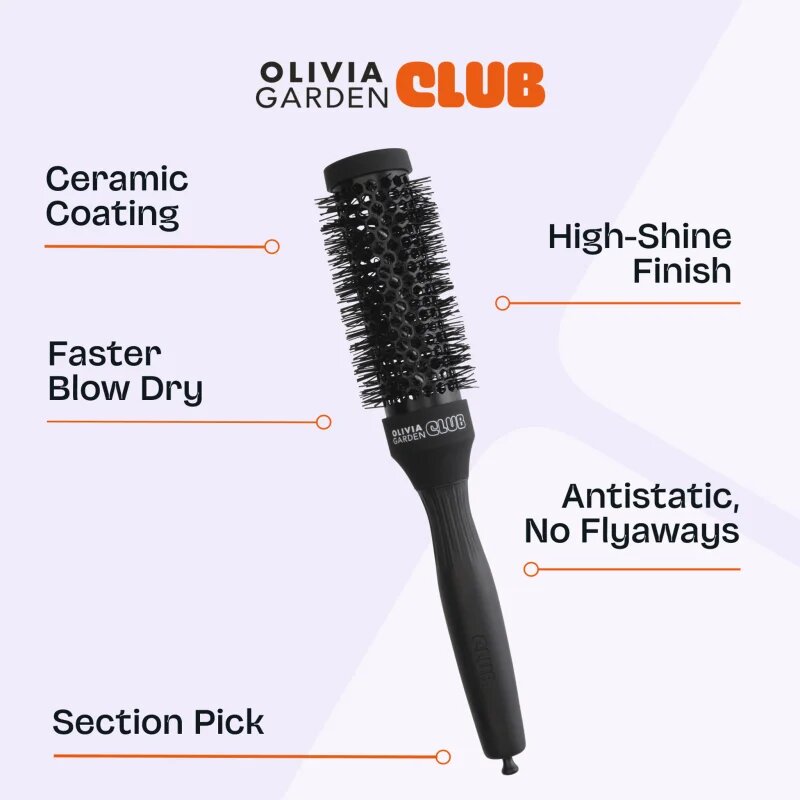 Olivia Garden Club The Glow Blowout Ceramic Round Brush Black okrogla krtača za lase S 1 kos