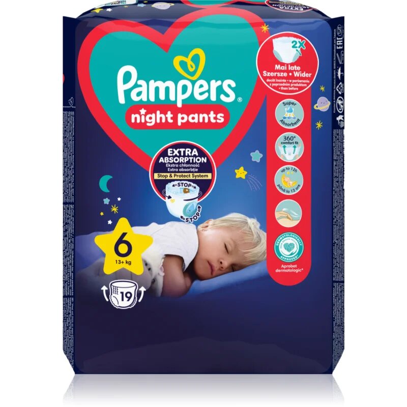 Pampers Night Pants Size 6 hlačne plenice za enkratno uporabo za noč 13+ kg 19 kos