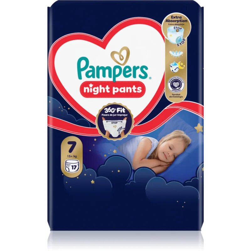 Pampers Night Pants Size 7 hlačne plenice za enkratno uporabo za noč 15+ kg 17 kos