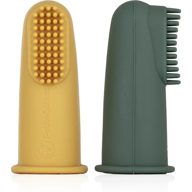 Petite&Mars Take&Match 0m+ otroška zobna ščetka za na prst z etuijem Ochre&Green 2 kos