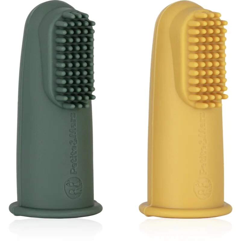Petite&Mars Take&Match 0m+ otroška zobna ščetka za na prst z etuijem Ochre&Green 2 kos