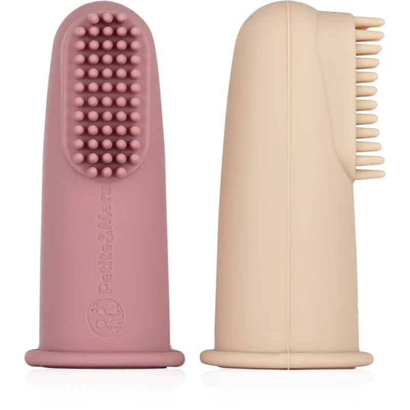 Petite&Mars Take&Match 0m+ otroška zobna ščetka za na prst z etuijem Rose&Sand 2 kos