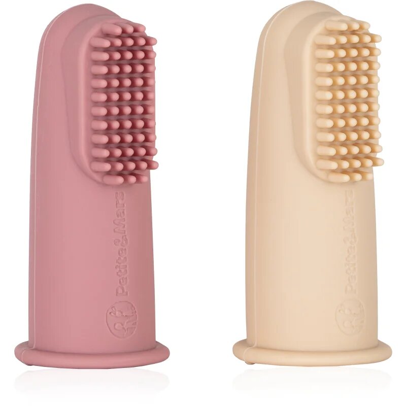 Petite&Mars Take&Match 0m+ otroška zobna ščetka za na prst z etuijem Rose&Sand 2 kos