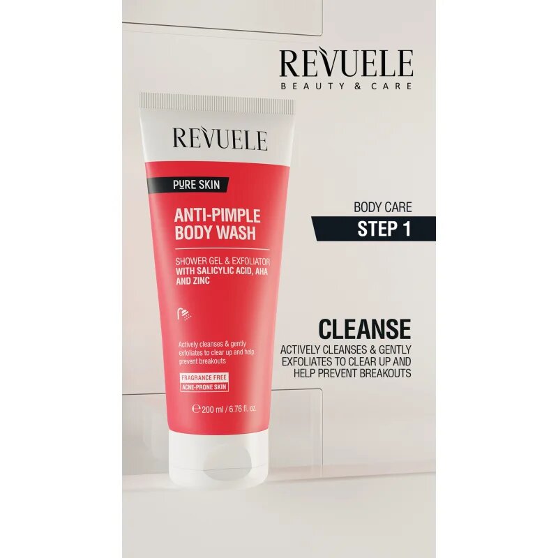 Revuele Pure Skin Anti-Pimple eksfoliacijski gel za prhanje proti aknam 200 ml