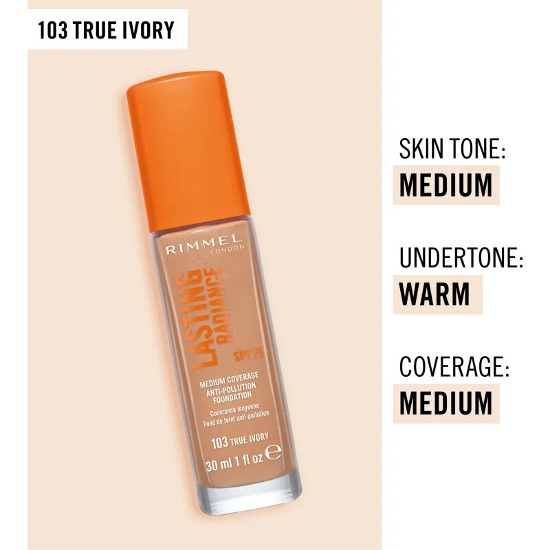 Rimmel Lasting Radiance posvetlitvena podlaga SPF 25 odtenek 103 True Ivory 30 ml