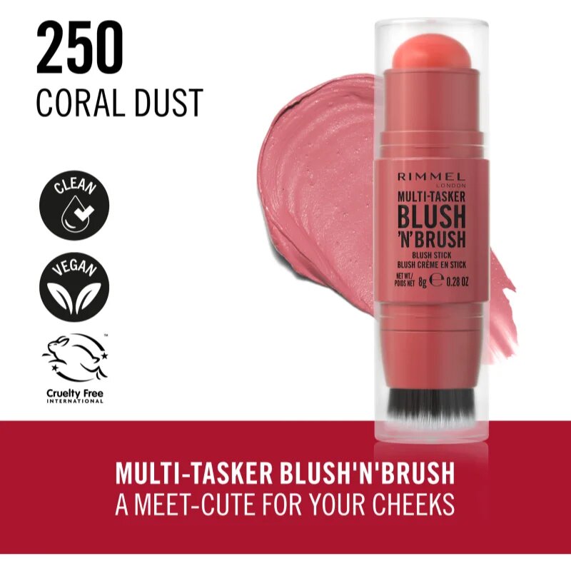 Rimmel Multi-Tasker Blush'N'brush rdečilo v paličici s čopičem odtenek 250 Coral Dust 8 g