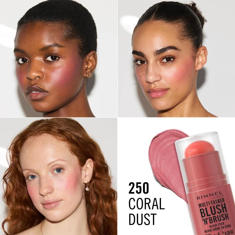 Rimmel Multi-Tasker Blush'N'brush rdečilo v paličici s čopičem odtenek 250 Coral Dust 8 g