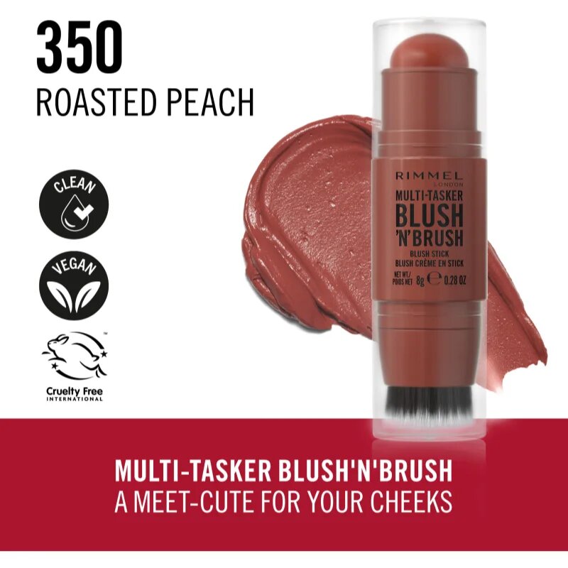 Rimmel Multi-Tasker Blush'N'brush rdečilo v paličici s čopičem odtenek 350 Roasted Peach 8 g