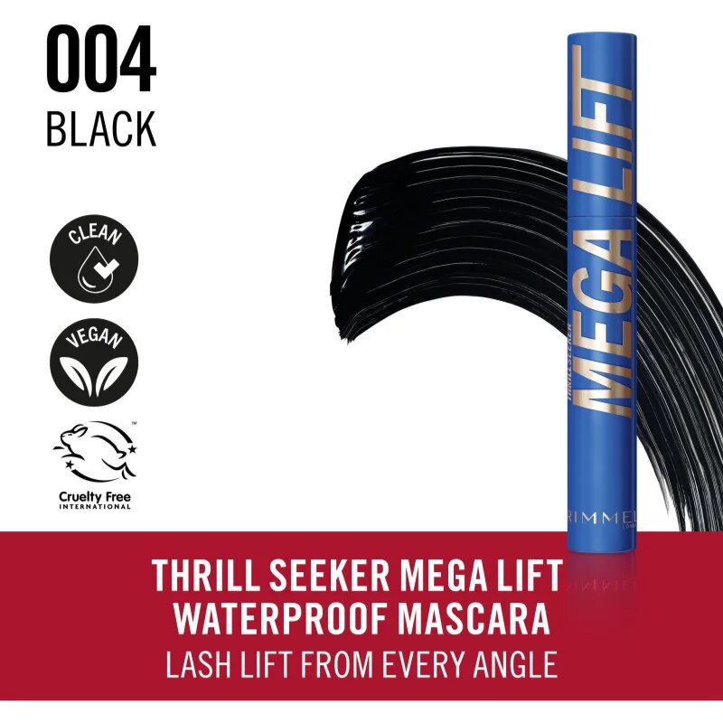 Rimmel Thrill Seeker Mega Lift vodoodporna maskara za volumen in privihanje trepalnic odtenek 004 Waterproof Black 10 ml