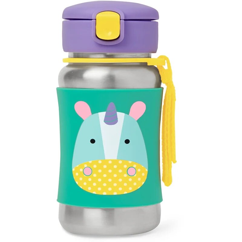Skip Hop Zoo Straw Bottle steklenica za vodo iz nerjavnega jekla s slamico Unicorn 12 m+ 1 kos
