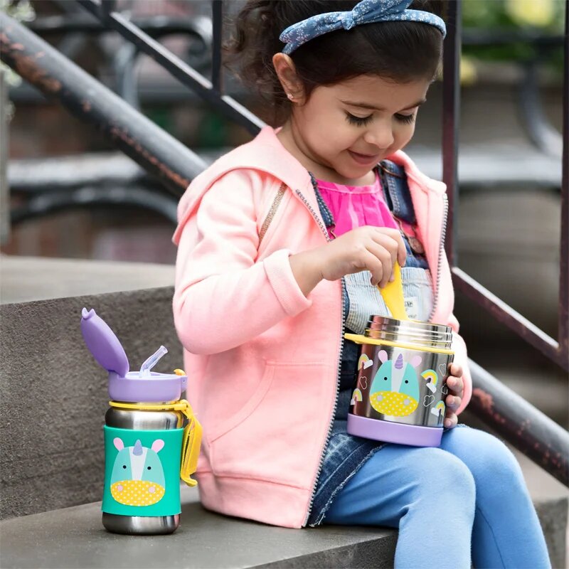 Skip Hop Zoo Straw Bottle steklenica za vodo iz nerjavnega jekla s slamico Unicorn 12 m+ 1 kos