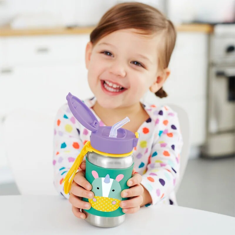 Skip Hop Zoo Straw Bottle steklenica za vodo iz nerjavnega jekla s slamico Unicorn 12 m+ 1 kos