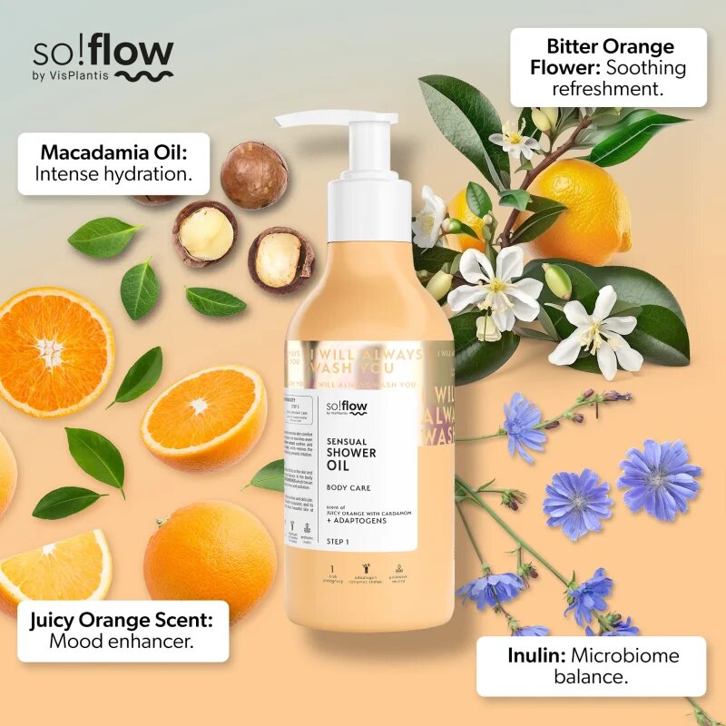 so!flow Sensual Shower Oil olje za prhanje za suho kožo Orange with Cardamom 400 ml