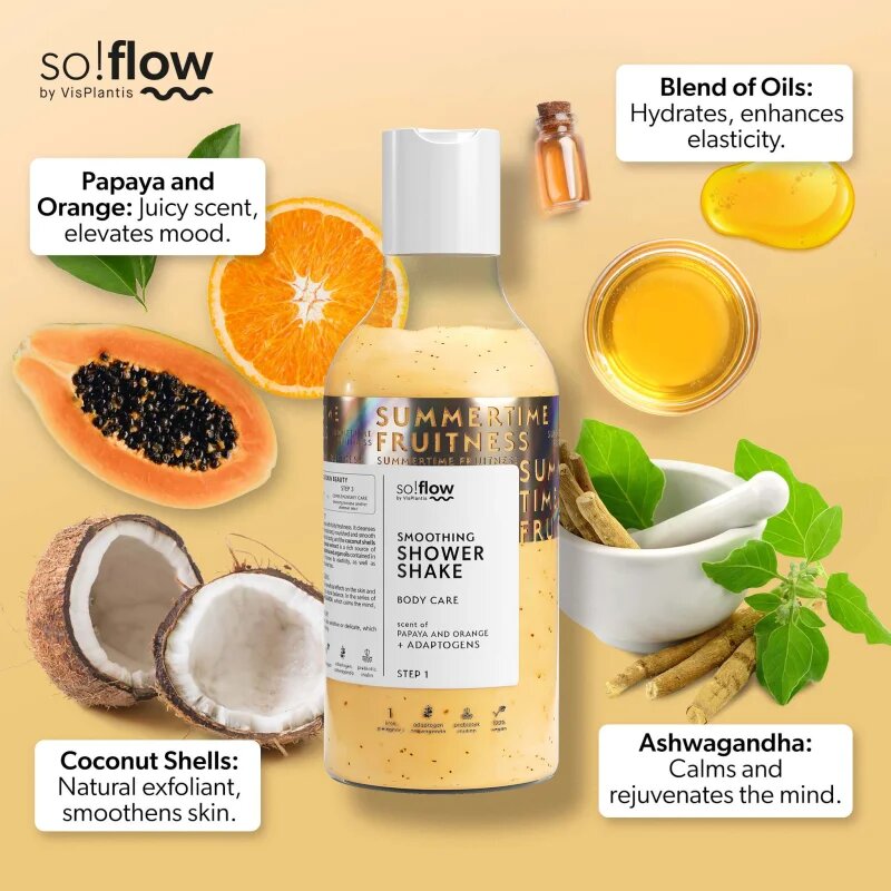 so!flow Smoothing Shower Shake gel za prhanje za vse tipe kože Papaya & Orange 400 ml