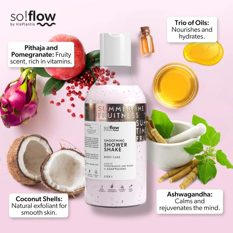 so!flow Smoothing Shower Shake gel za prhanje za vse tipe kože Pithaja & Pomegranate 400 ml